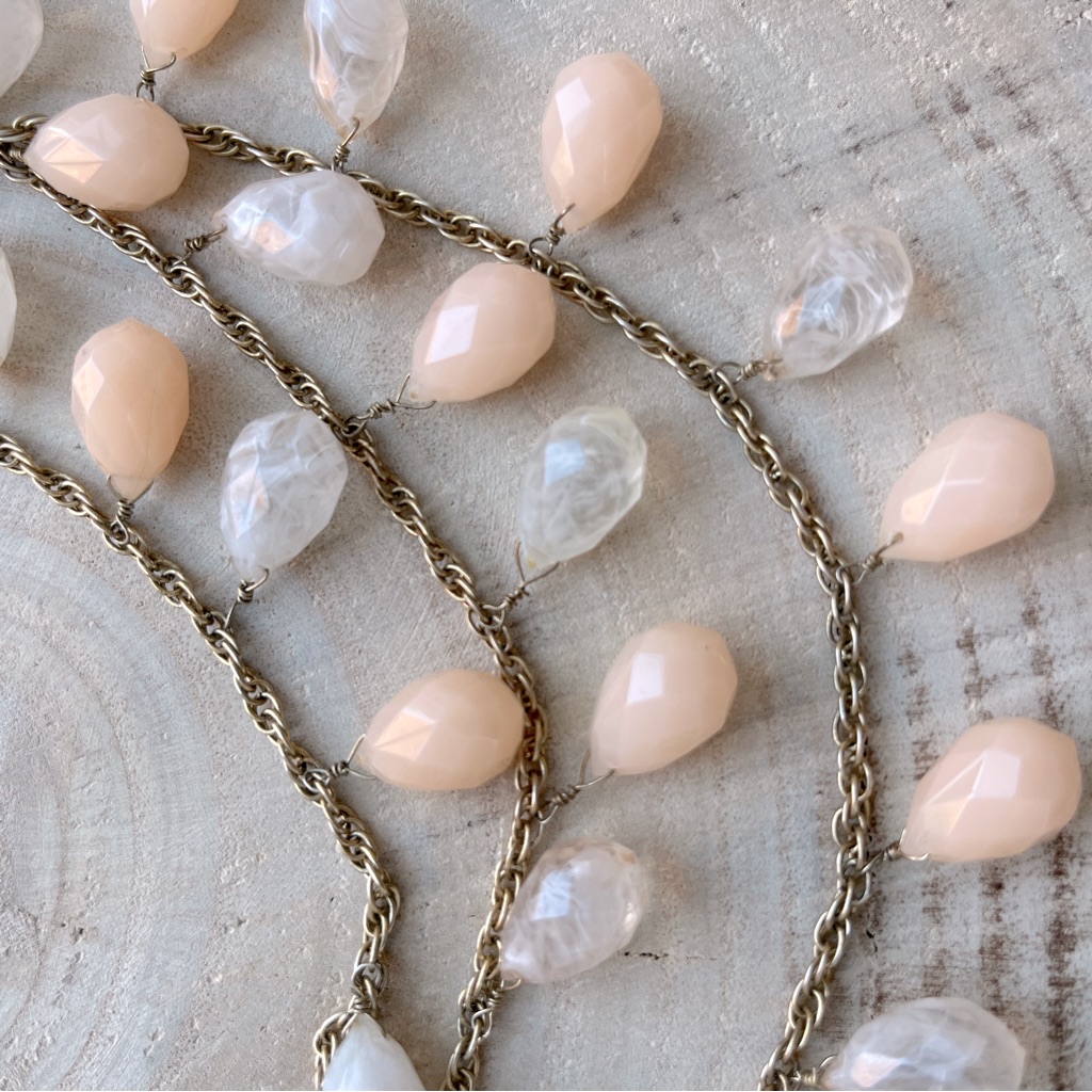 Anthropologie 3 Strand Necklace Pastel Peach Milky Clear Faceted Briolette Beads